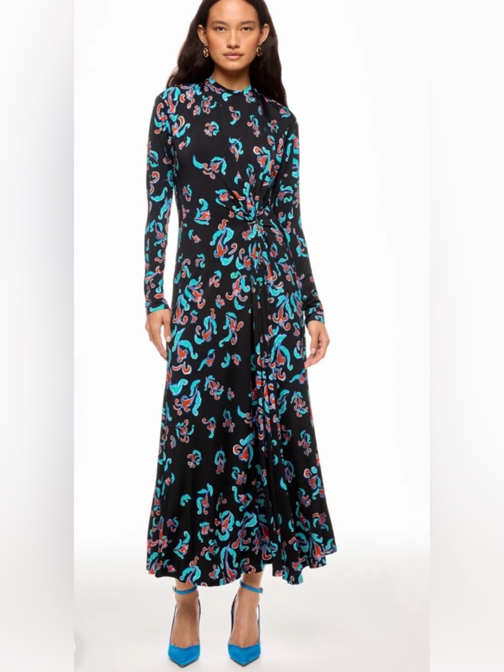 Paco Rabanne Black Maxi Dress with Teal and Coral Print - Picture 2 of 6